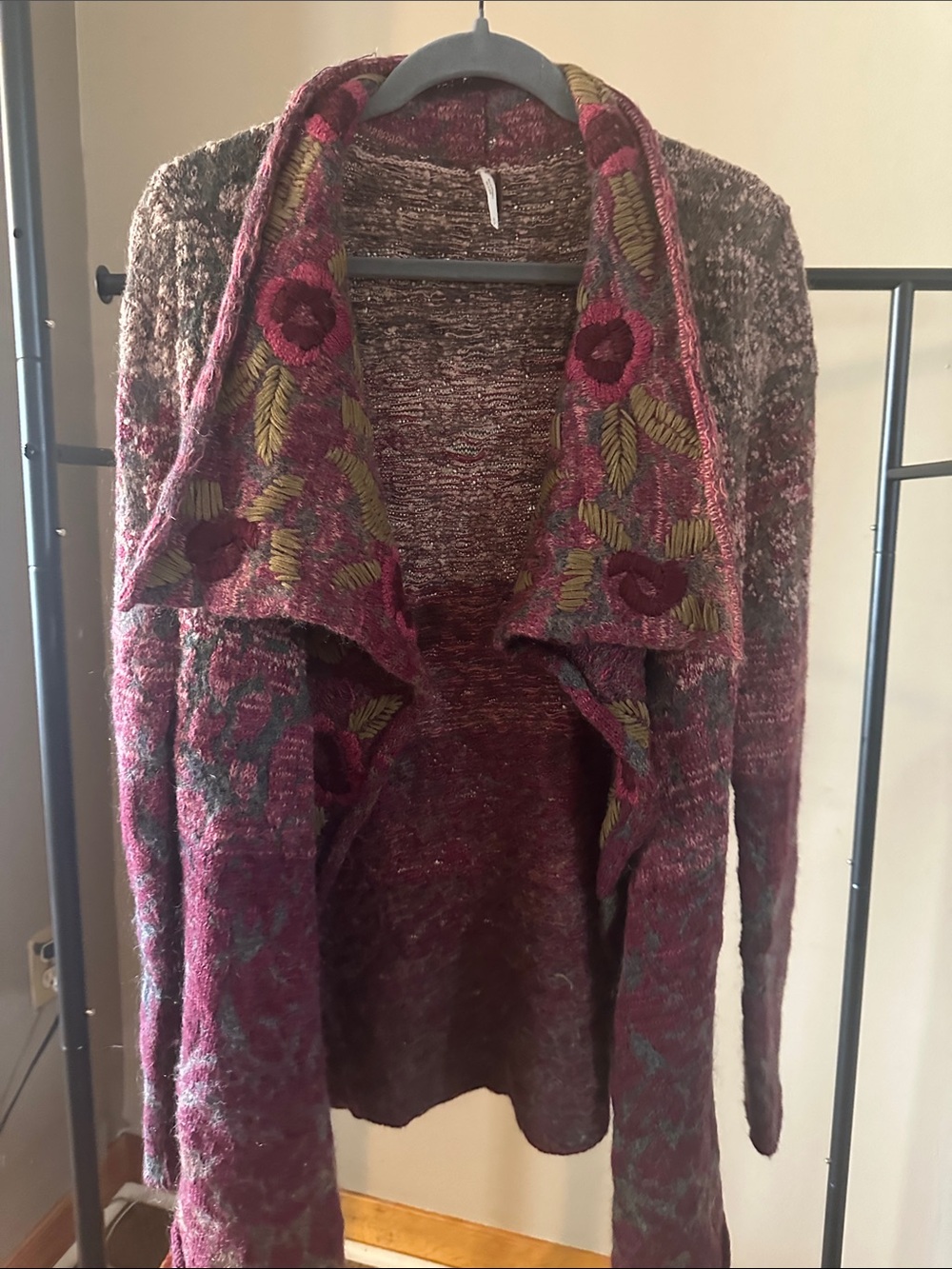 Free People Plum Embroidered Open-Front Cardigan